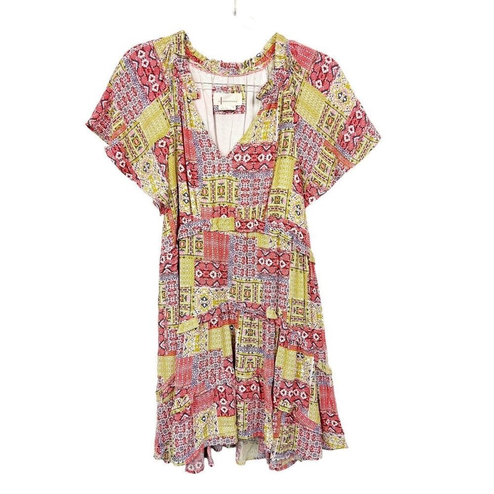 By Anthropologie Robin Tiered Mini Dress Womens Size Small Petite Patchwork Boho